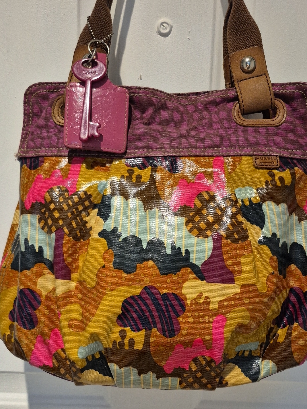 Project Bag! Fossil Multicolor Canvas Shoulder Bag - Pink, Mustard & Brown. READ
